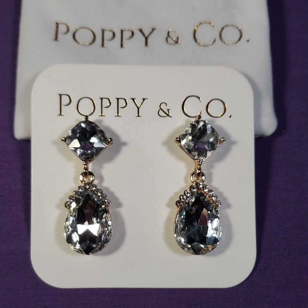 Poppy & Co. Clear Glass Rhinestone Crystal Earrings, Gold Plated, New in bag
